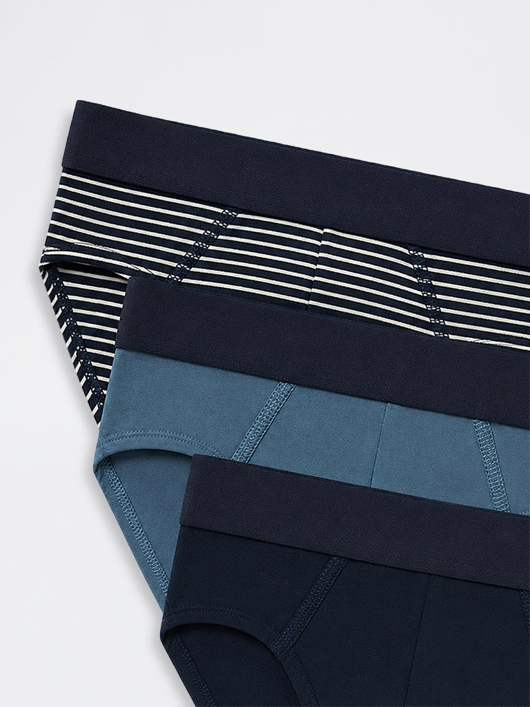 WES Lounge Navy Relaxed-Fit Cotton-Blend Briefs- Pack of 3