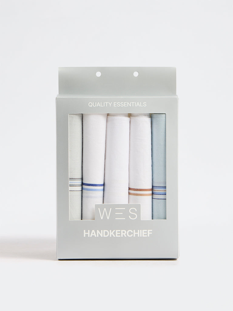 WES Lounge White Striped Cotton Handkerchiefs - Pack of 5