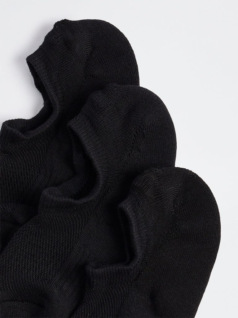 WES Lounge Black Solid Cotton-Blend Sneaker Socks - Pack of 3