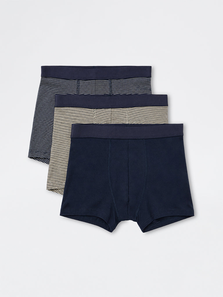 WES Lounge Navy Striped Relaxed-Fit Cotton-Blend Trunks - Pack of 3