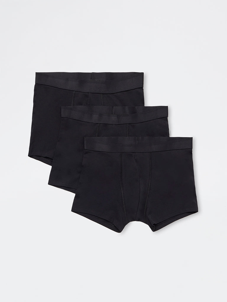 WES Lounge Black Solid Relaxed-Fit Cotton-Blend Trunks - Pack of 3