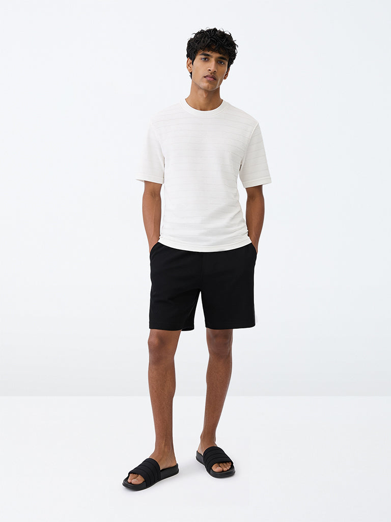 WES Lounge Black Waffle-Textured Mid-Rise Cotton-Blend Shorts