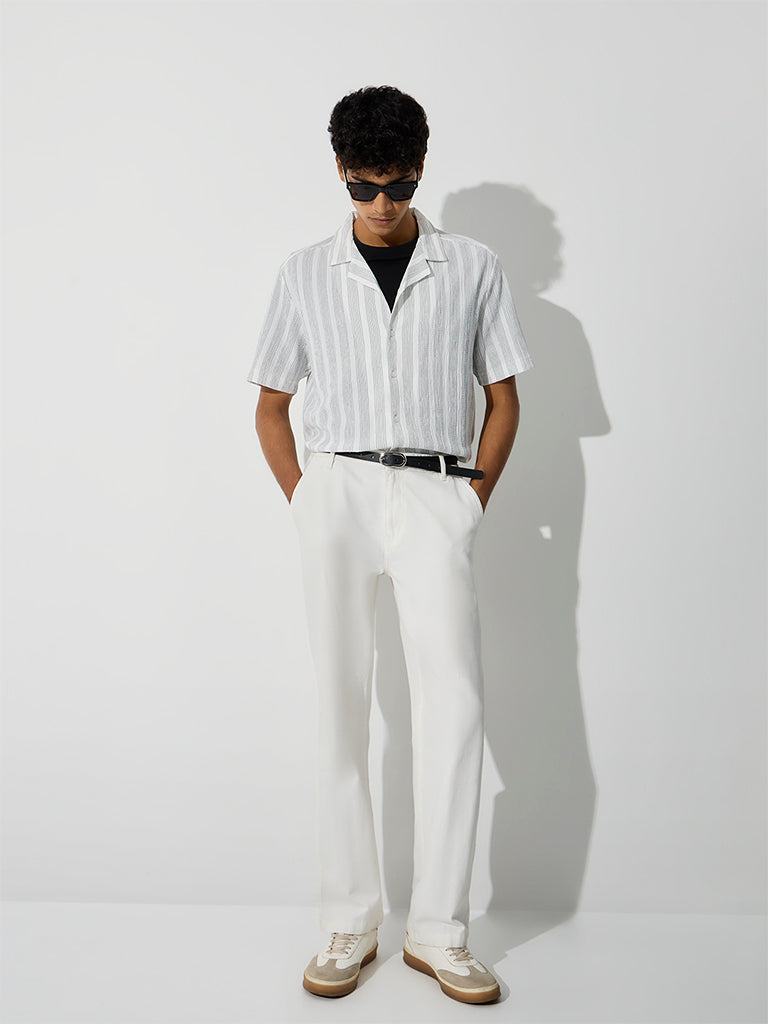 WES Casuals Off-White Striped Relaxed-Fit Shirt