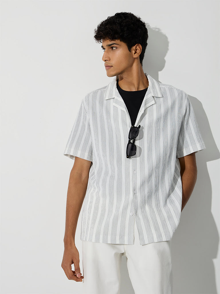 WES Casuals Off-White Striped Relaxed-Fit Shirt