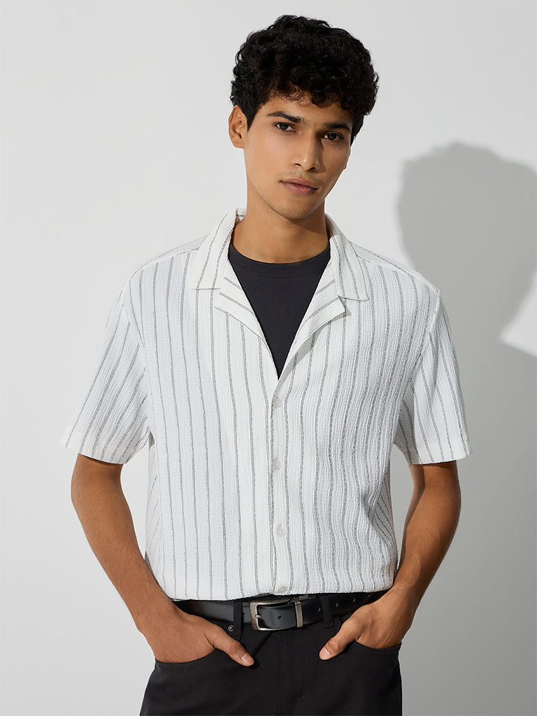 WES Casuals White Striped Relaxed-Fit Shirt
