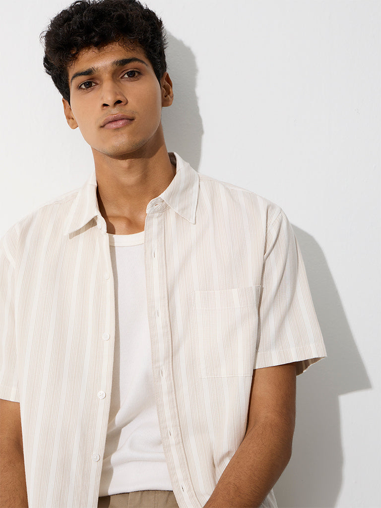 WES Casuals Beige Striped Relaxed-Fit Cotton Shirt