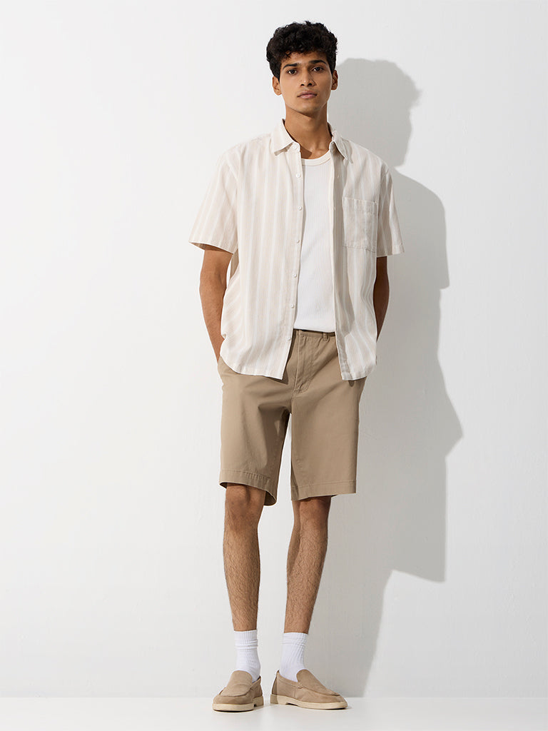 WES Casuals Beige Striped Relaxed-Fit Cotton Shirt