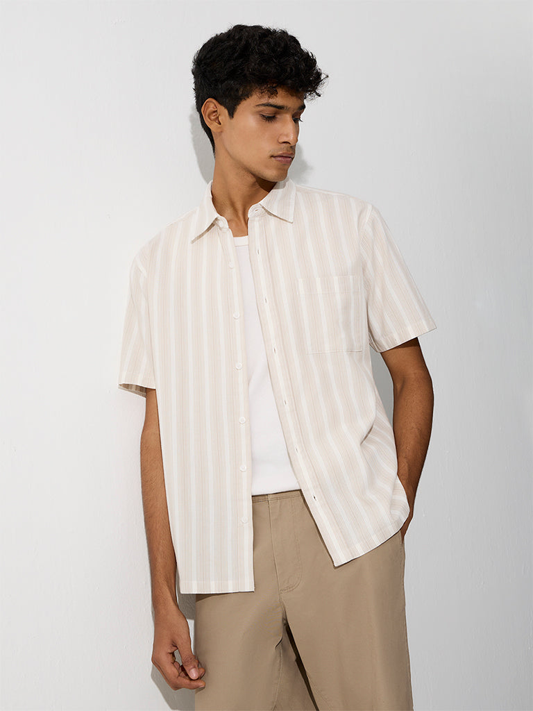 WES Casuals Beige Striped Relaxed-Fit Cotton Shirt