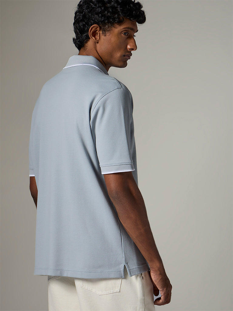WES Casuals Dusty Blue Relaxed-Fit Cotton-Blend Polo T-Shirt