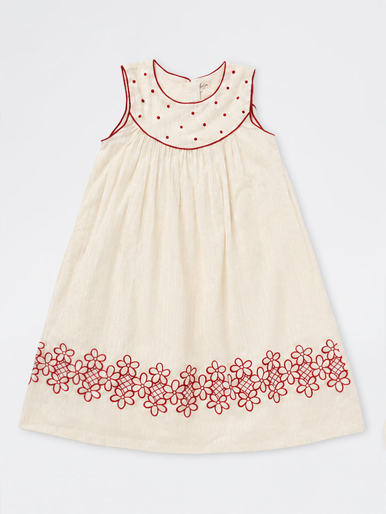 Utsa Kids Girls Off-White Floral Design Cotton A-Line Dress - (8-14 yrs)