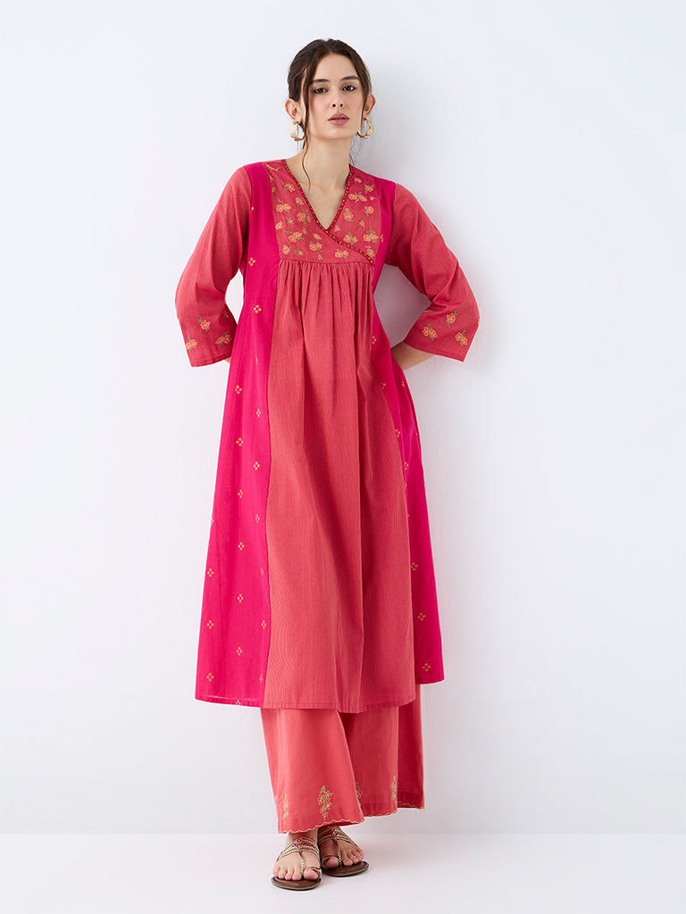 Utsa Pink Floral Embroidered Cotton Empire-Line Kurta