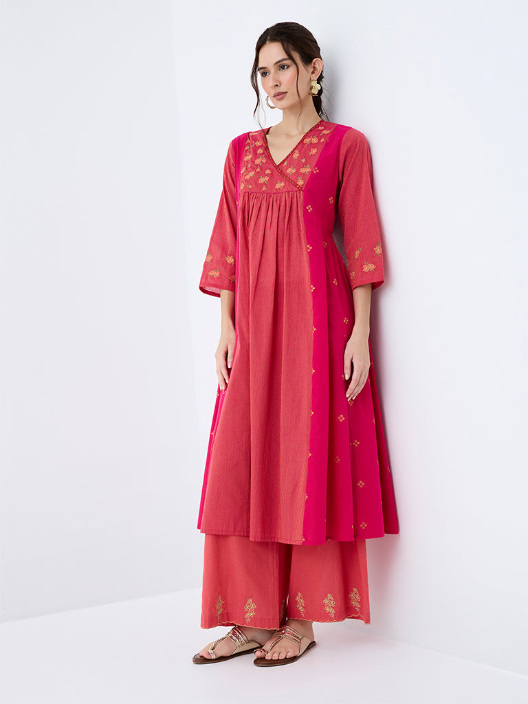 Utsa Pink Floral Embroidered Cotton Empire-Line Kurta