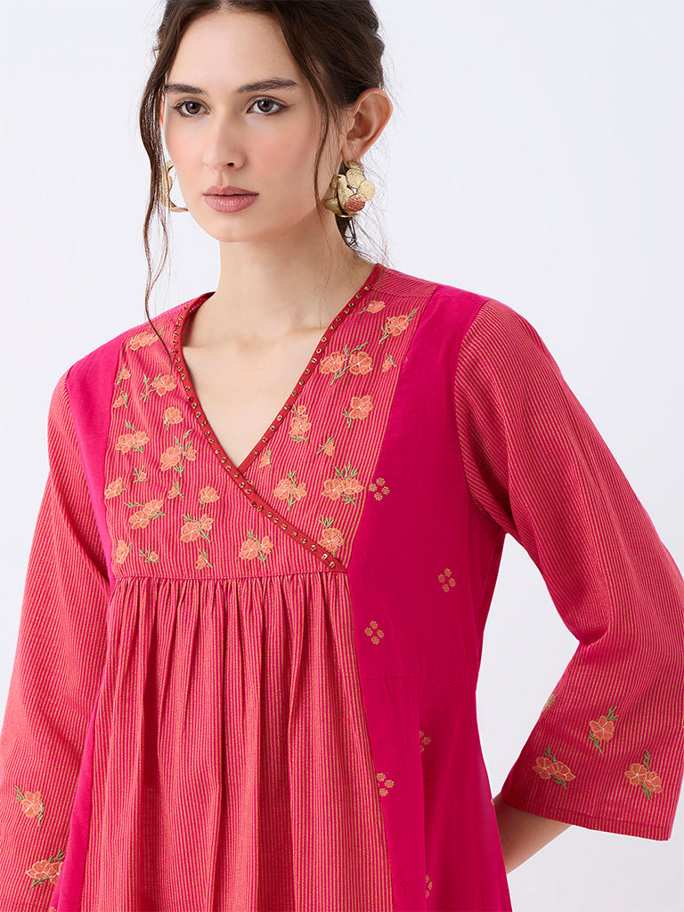 Utsa Pink Floral Embroidered Cotton Empire-Line Kurta