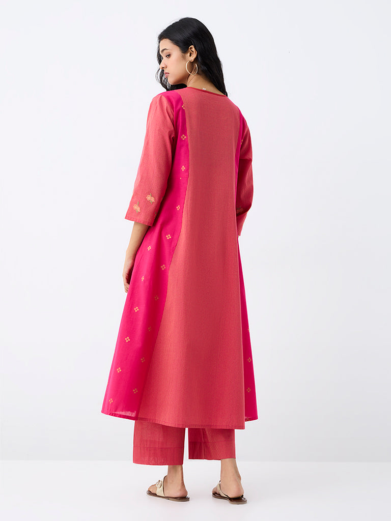 Utsa Pink Floral Embroidered Cotton Empire-Line Kurta