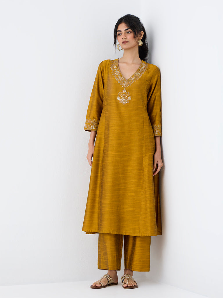 Utsa Mustard Zari Embroidered Cotton A-Line Kurta