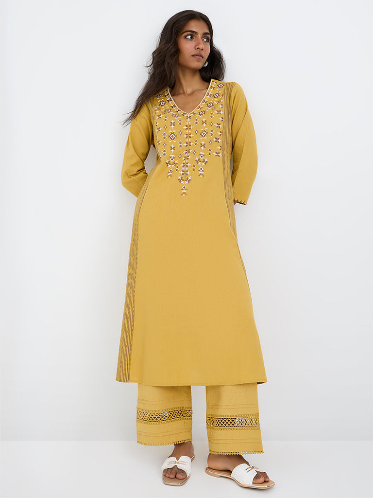Utsa Mustard Geometric Embroidered A-Line Kurta