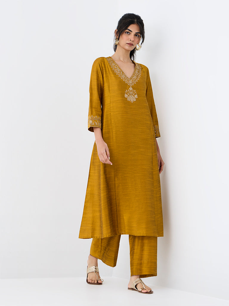 Utsa Mustard Zari Embroidered Cotton-Blend A-Line Kurta