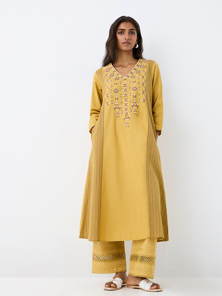 Utsa Mustard Geometric Embroidered A-Line Kurta
