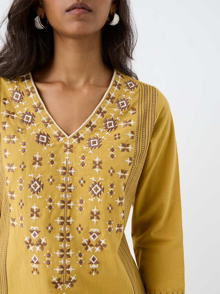 Utsa Mustard Geometric Embroidered A-Line Kurta