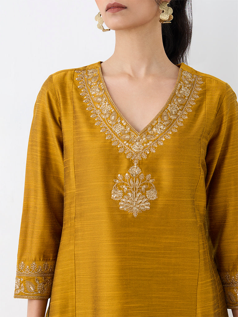 Utsa Mustard Zari Embroidered Cotton-Blend A-Line Kurta