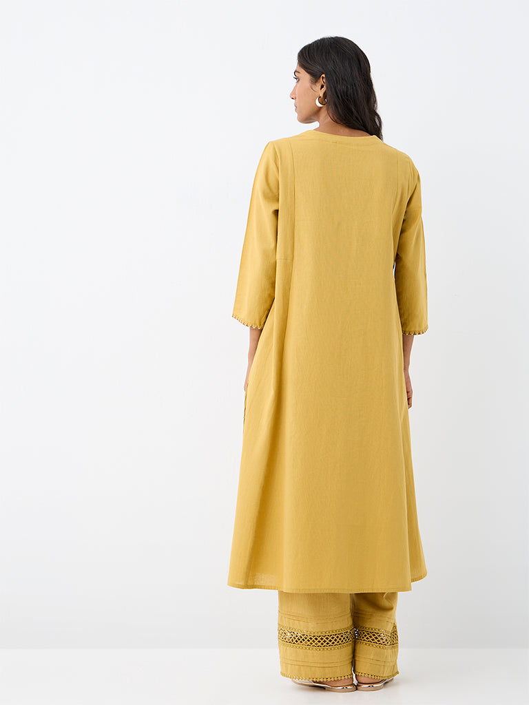 Utsa Mustard Geometric Embroidered A-Line Kurta