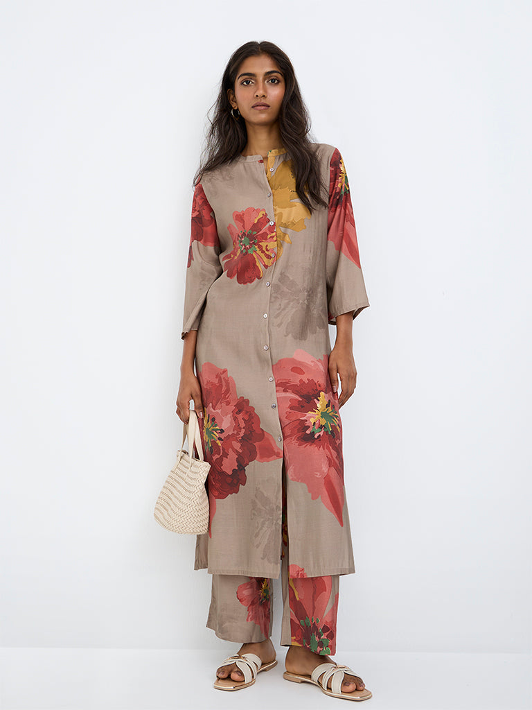 Utsa Dark Taupe Floral Printed A-Line Kurta