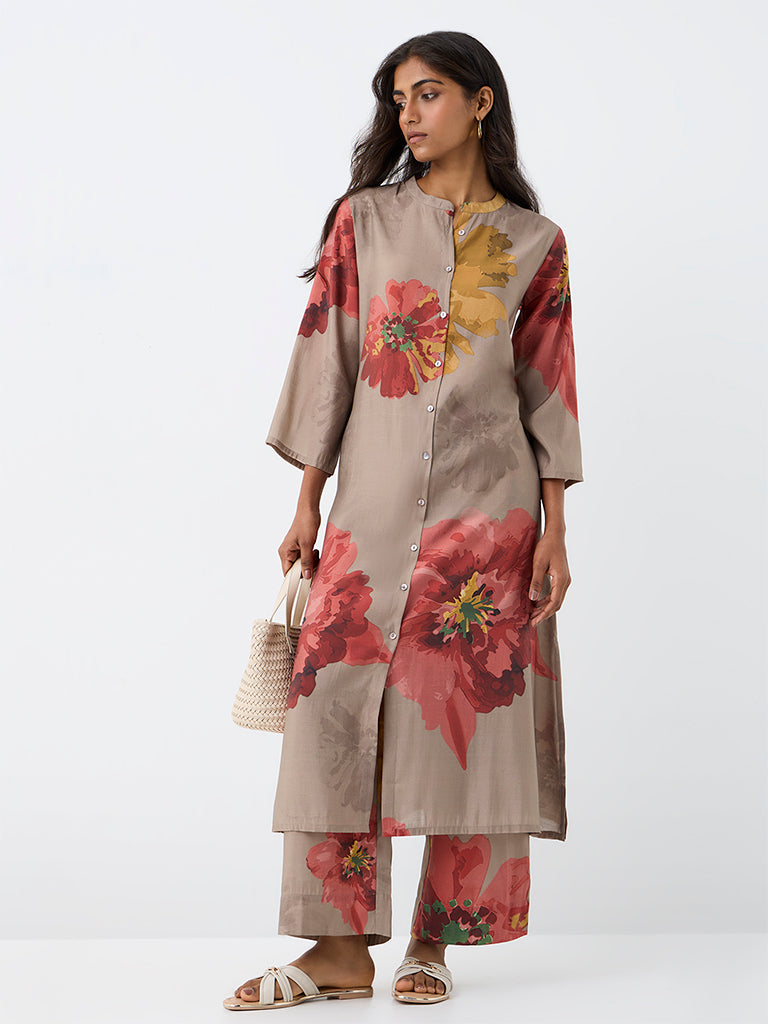 Utsa Dark Taupe Floral Printed A-Line Kurta