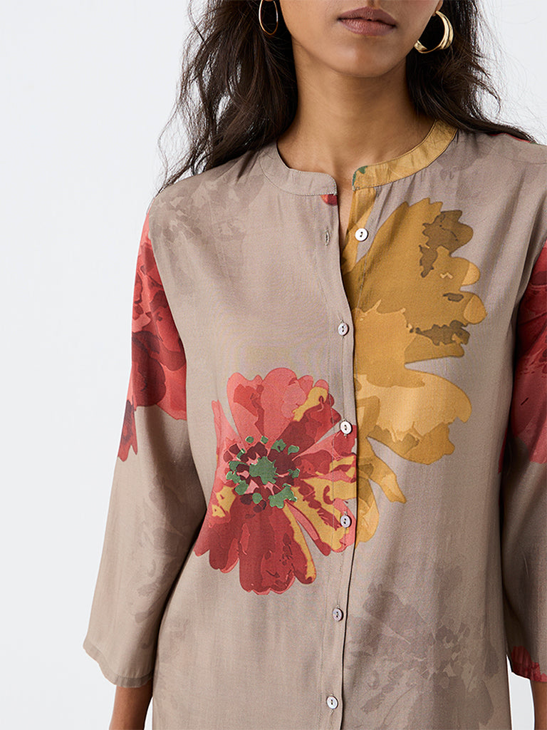 Utsa Dark Taupe Floral Printed A-Line Kurta