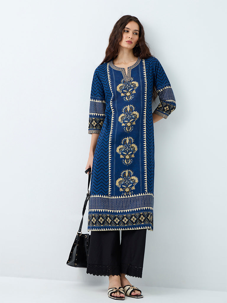 Utsa Indigo Floral Printed Cotton A-Line Kurta