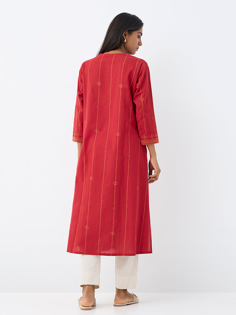 Utsa Red Geometric Embroidered Cotton-Blend A-Line Kurta