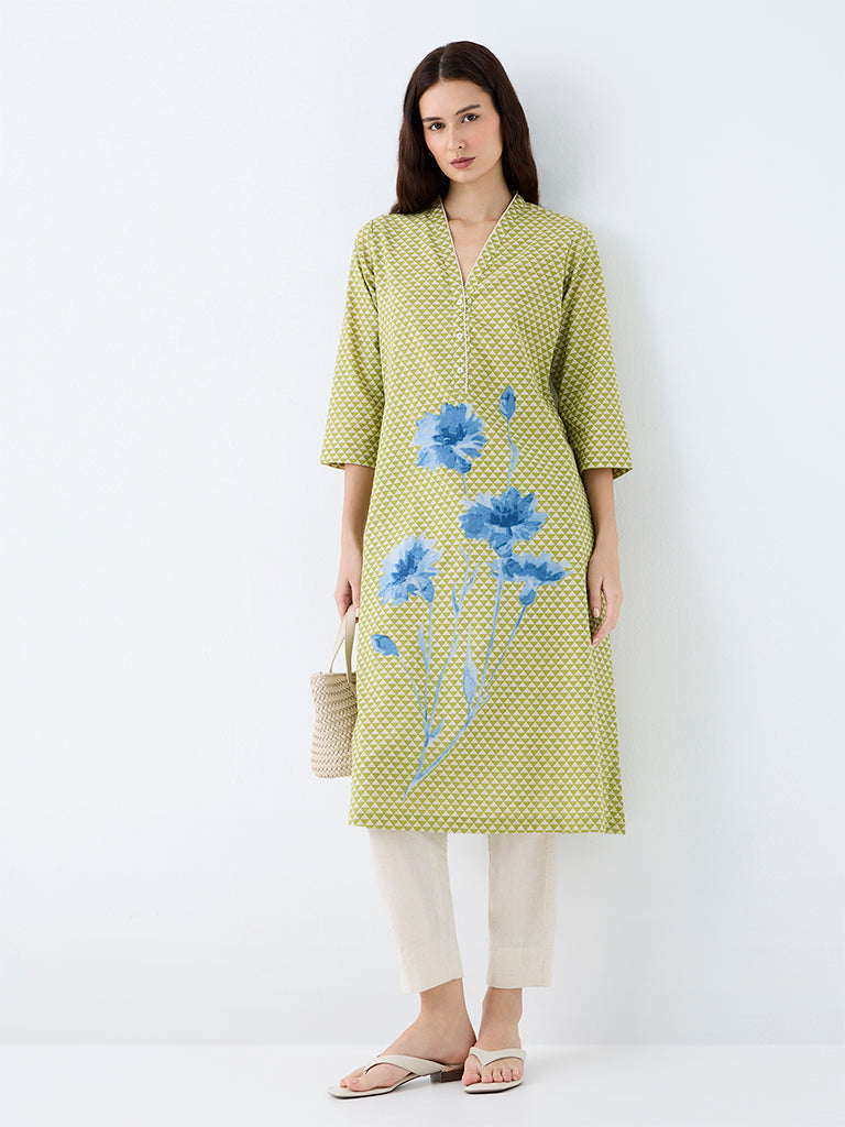 Utsa Green Geometric Printed Cotton-Blend A-Line Kurta