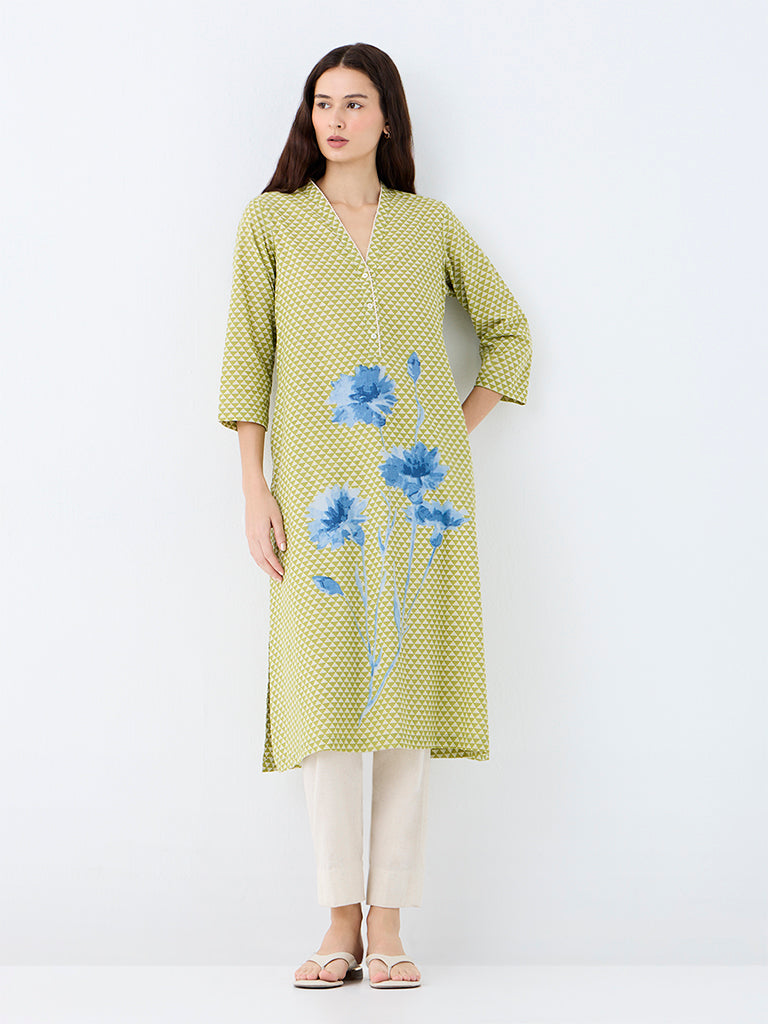 Utsa Green Geometric Printed Cotton-Blend A-Line Kurta