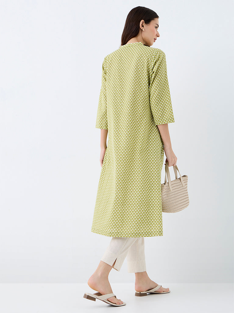 Utsa Green Geometric Printed Cotton-Blend A-Line Kurta