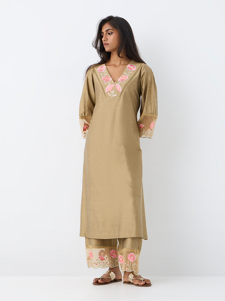 Utsa Beige Floral Embroidered A-Line Kurta