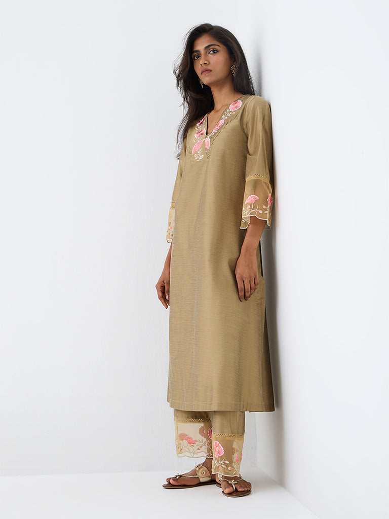 Utsa Beige Floral Embroidered A-Line Kurta