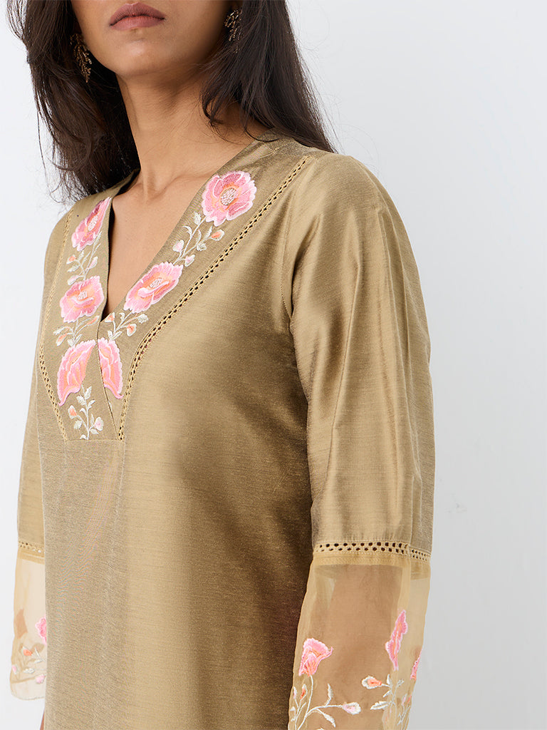 Utsa Beige Floral Embroidered A-Line Kurta