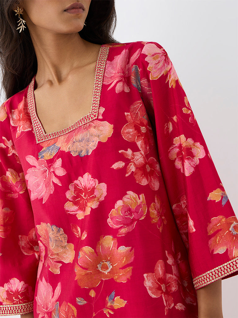 Utsa Red Floral Printed Straight Kurta