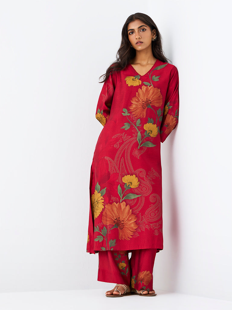 Utsa Red Botanical Printed A-Line Kurta