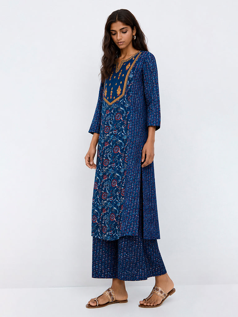 Utsa Indigo Floral Printed A-Line Kurta