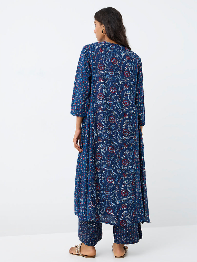 Utsa Indigo Floral Printed A-Line Kurta