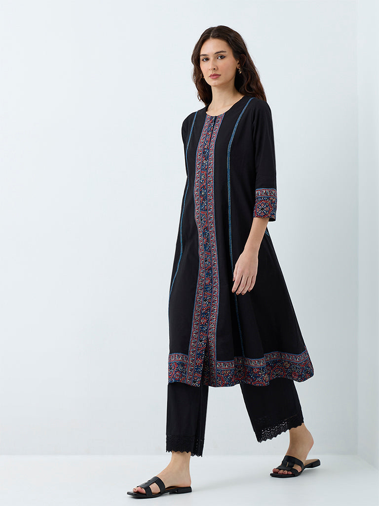 Utsa Black Printed Cotton A-Line Kurta