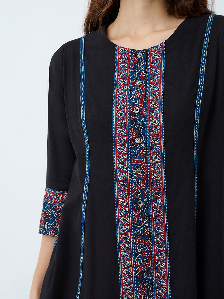 Utsa Black Printed Cotton A-Line Kurta