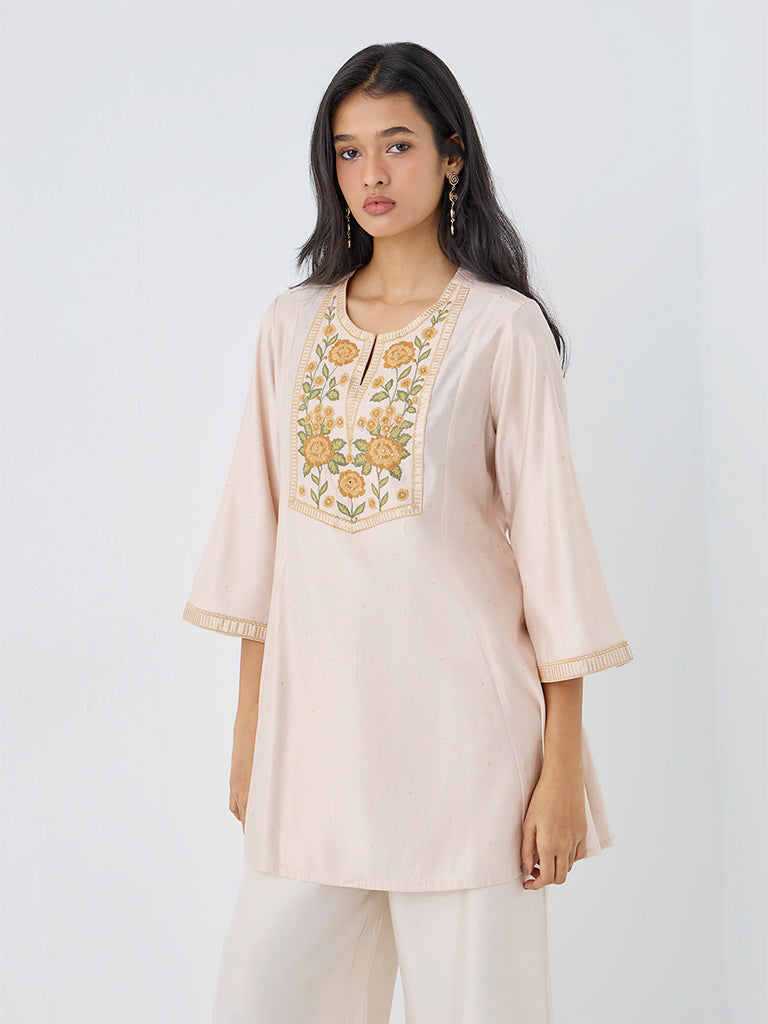 Utsa Light Peach Floral Embroidered Kurti