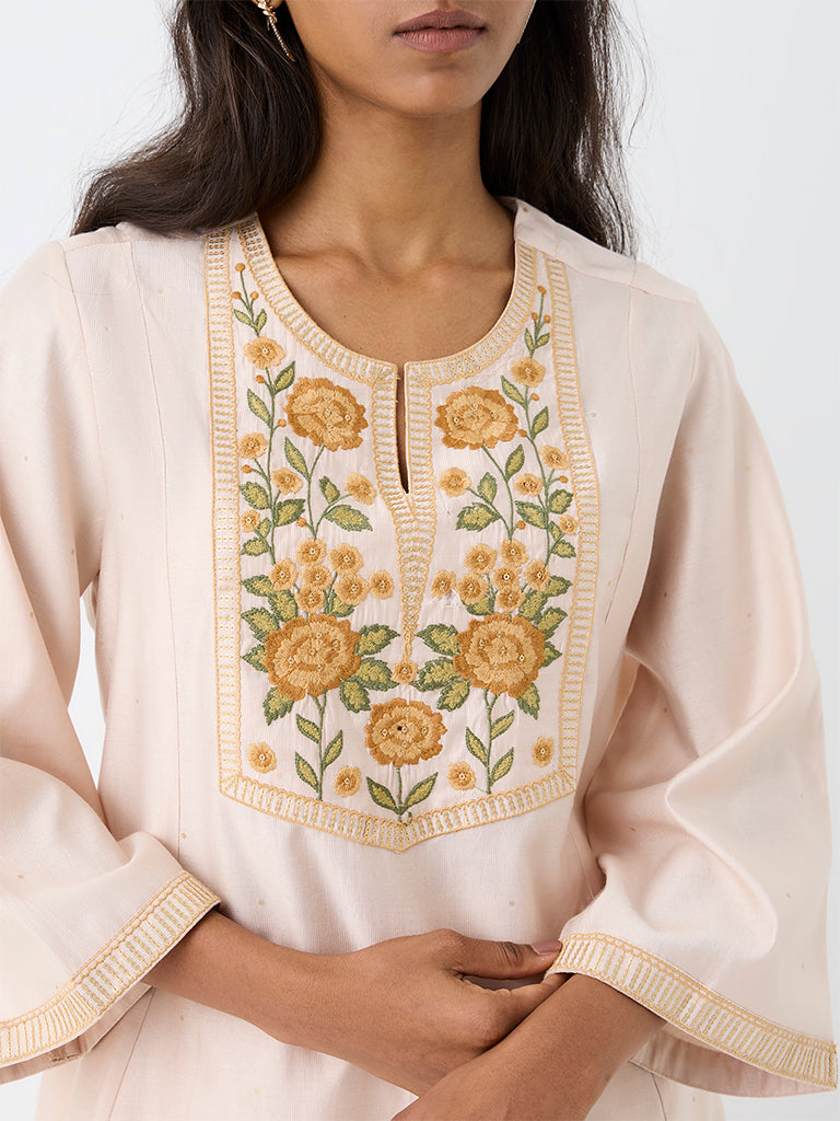Utsa Light Peach Floral Embroidered Kurti