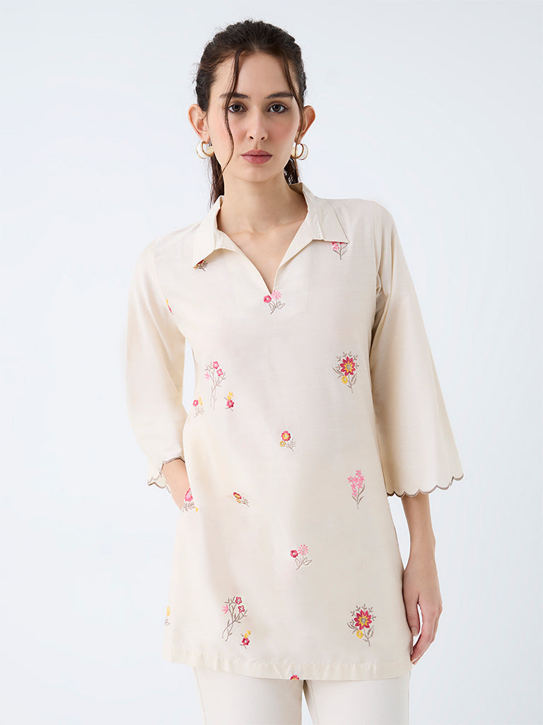 Utsa Off-White Floral Embroidered Kurti