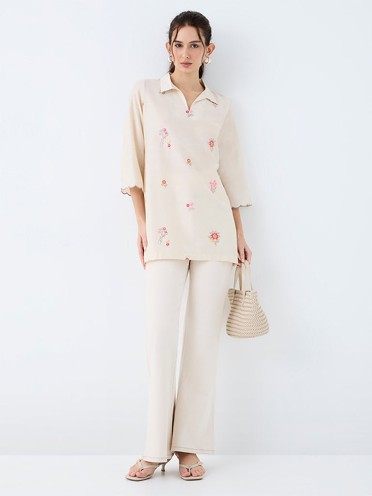 Utsa Off-White Floral Embroidered Kurti