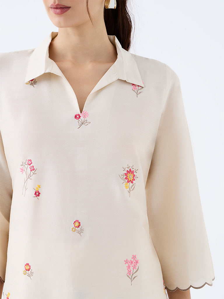Utsa Off-White Floral Embroidered Kurti