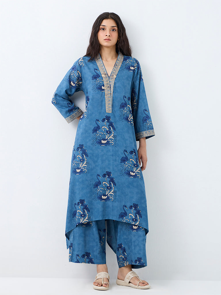 Utsa Blue Bird Printed A-Line Kurta