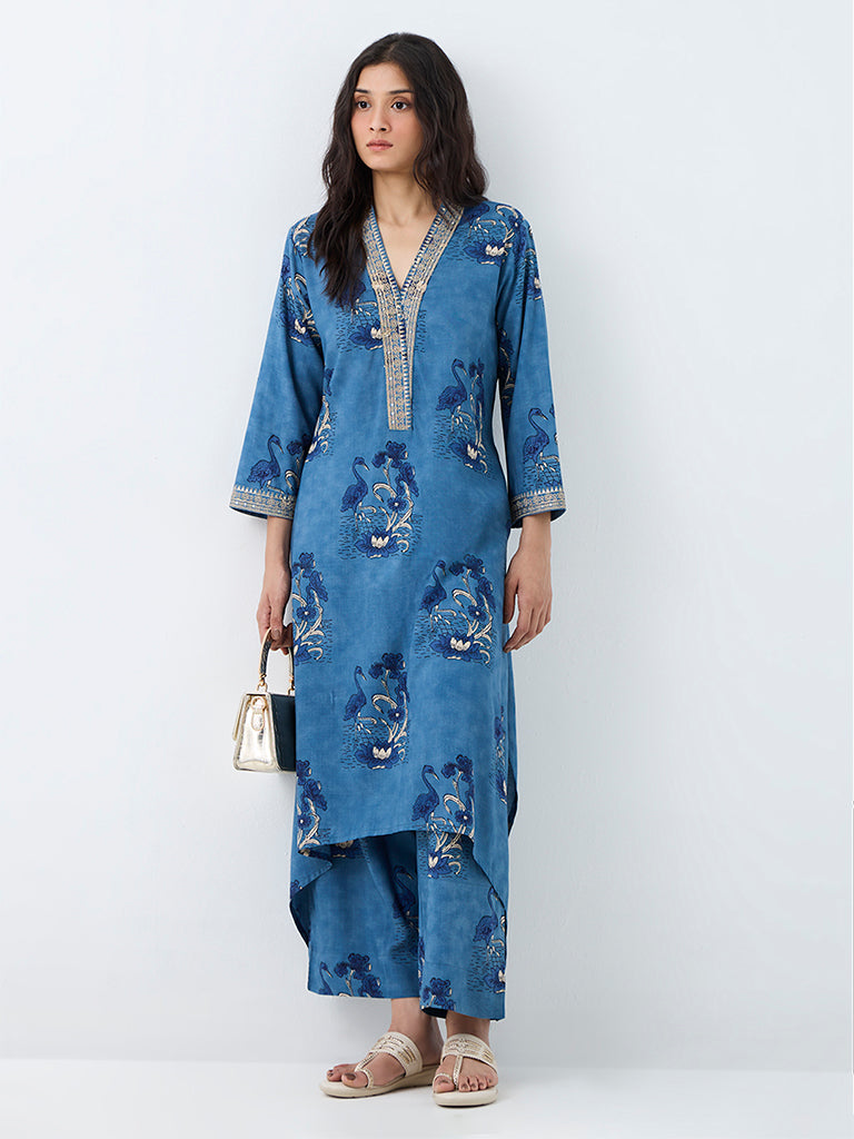 Utsa Blue Bird Printed A-Line Kurta