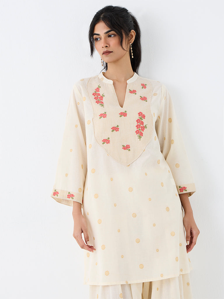 Utsa Off-White Floral Embroidered Cotton A-Line Kurta